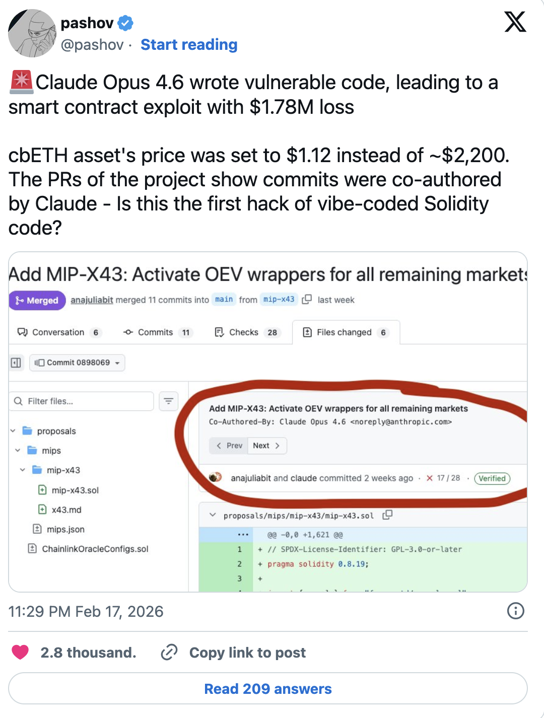 Smart contract auditor Pashov noted that the commits for Moonwell were co-authored by Claude Opus 4.6.