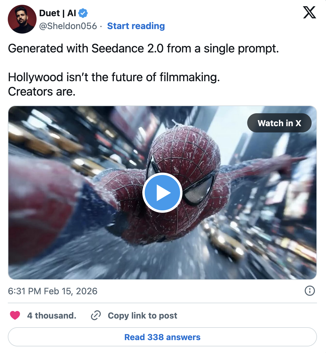 The letter contains numerous examples of Seedance 2.0 using Spider-Man, Darth Vader, Grogu, and Peter Griffin.