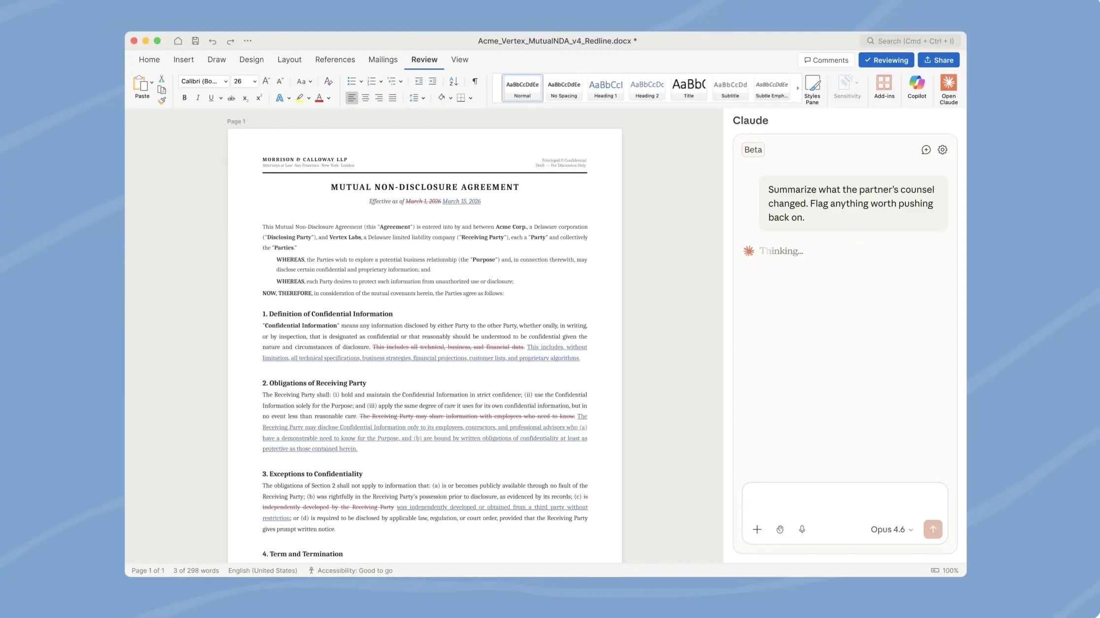 Claude now edits directly in Microsoft Word — reading your comments, making changes as native tracked changes, and preserving your heading styles, numbering, and defined terms so the rest of the document stays untouched.