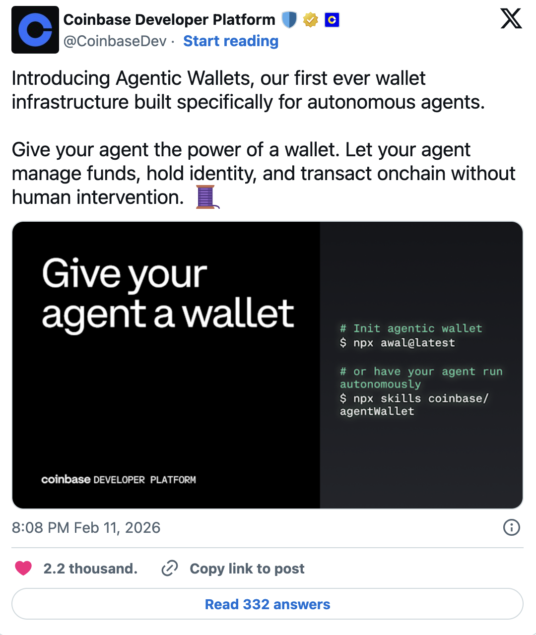 Introducing Agentic Wallets, our first ever wallet infrastructure built specifically for autonomous agents.