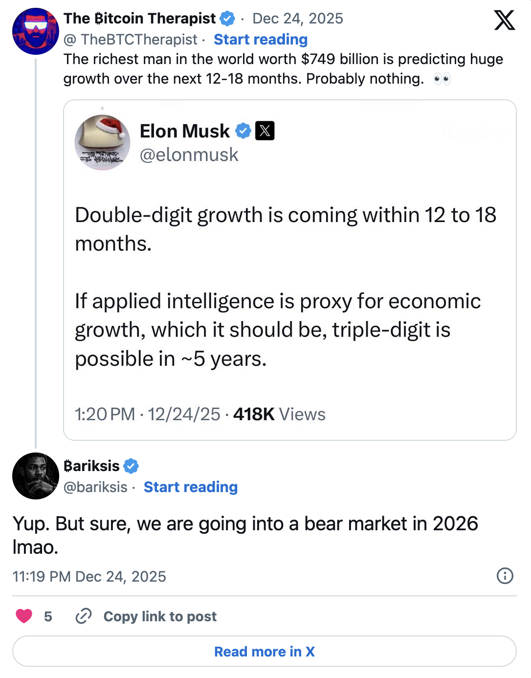 Yes — but we’re still likely heading into a bear market in 2026,” commented market observer Bariksis