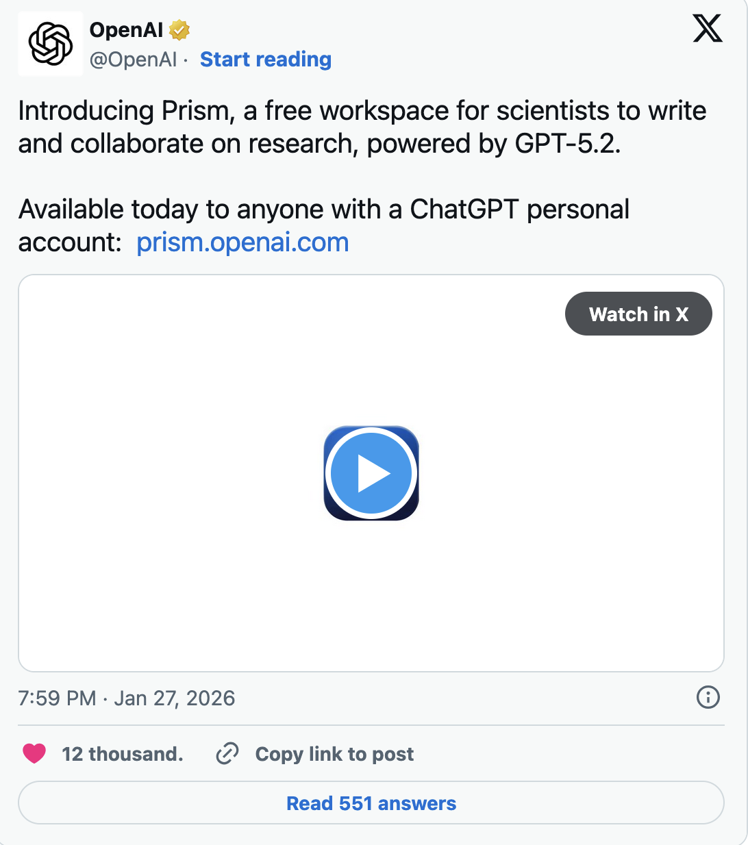 Introducing Prism, a free workspace for scientists to write and collaborate on research, powered by GPT-5.2.