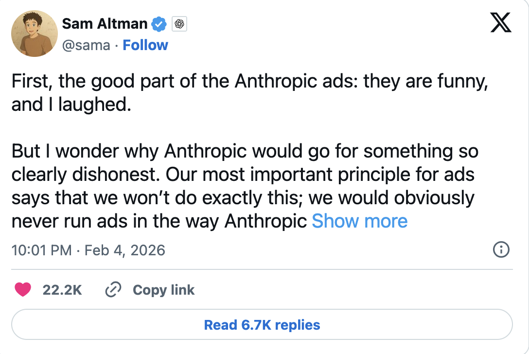 Altman called the videos “misleading” and said OpenAI “would obviously never place ads the way Anthropic depicts.”