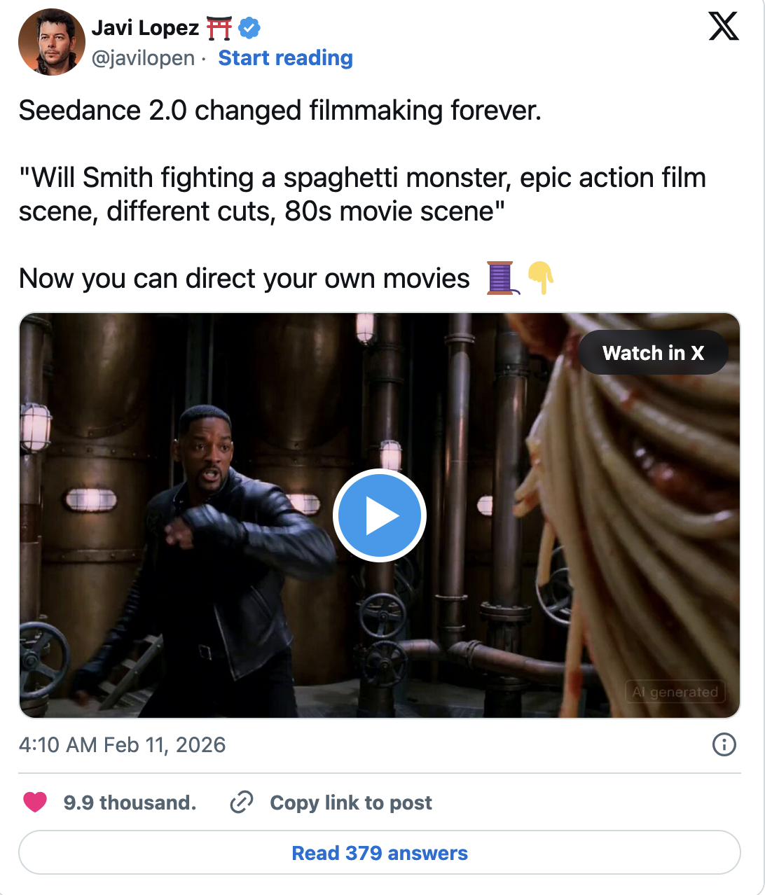 Another example shows Will Smith fighting a spaghetti monster.