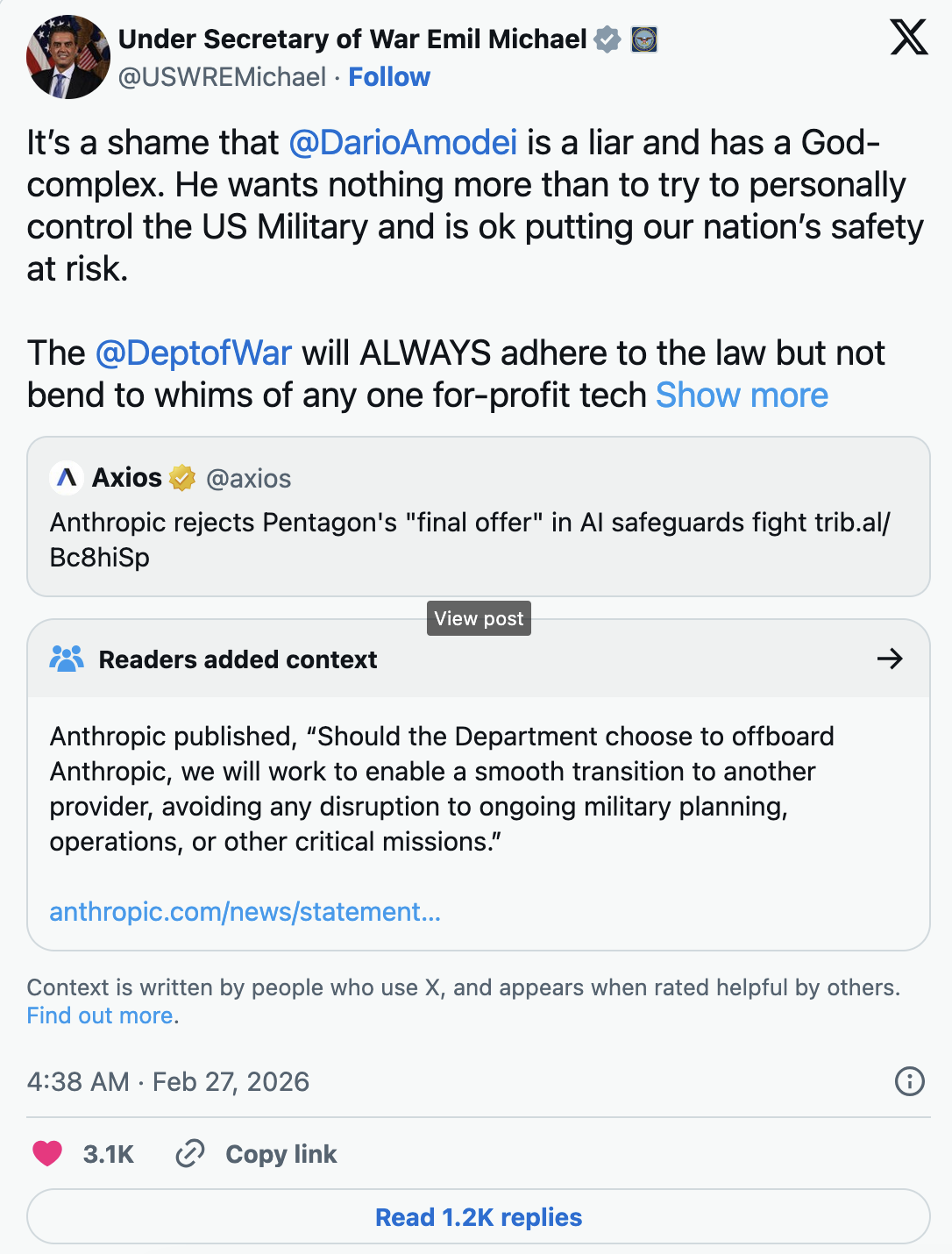 However, Anthropic called these concessions insufficient, after which Michael called Anthropic CEO Amodei a