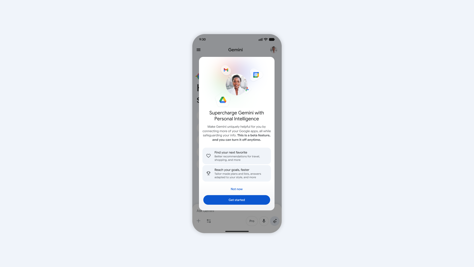Screenshot of the Gemini mobile app interface showing the Personal Intelligence activation screen. Illustration: Google.