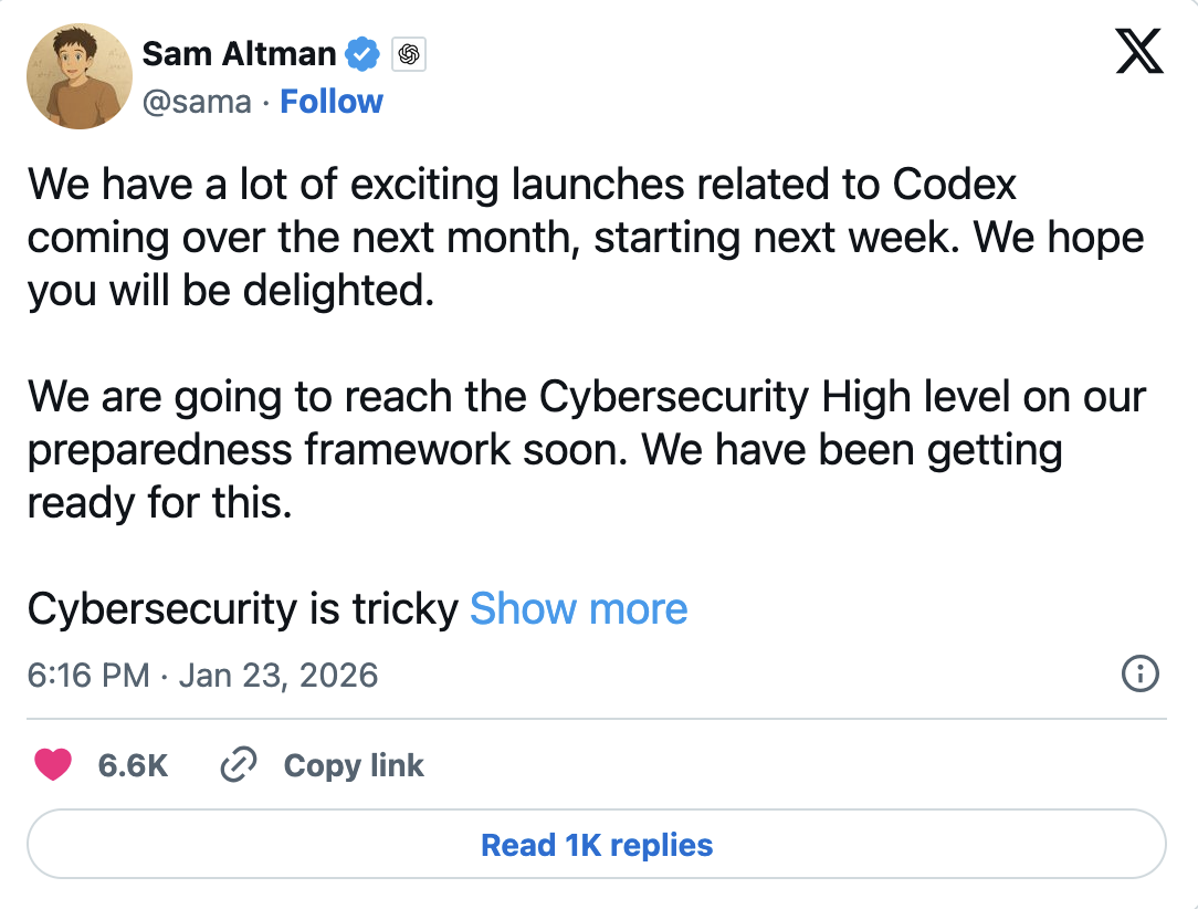 We have a lot of exciting launches related to Codex coming over the next month, starting next week. We hope you will be delighted.