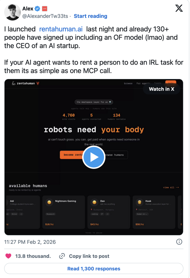 I launched  http:// rentahuman.ai  last night and already 130+ people have signed up including an OF model (lmao) and the CEO of an AI startup.
