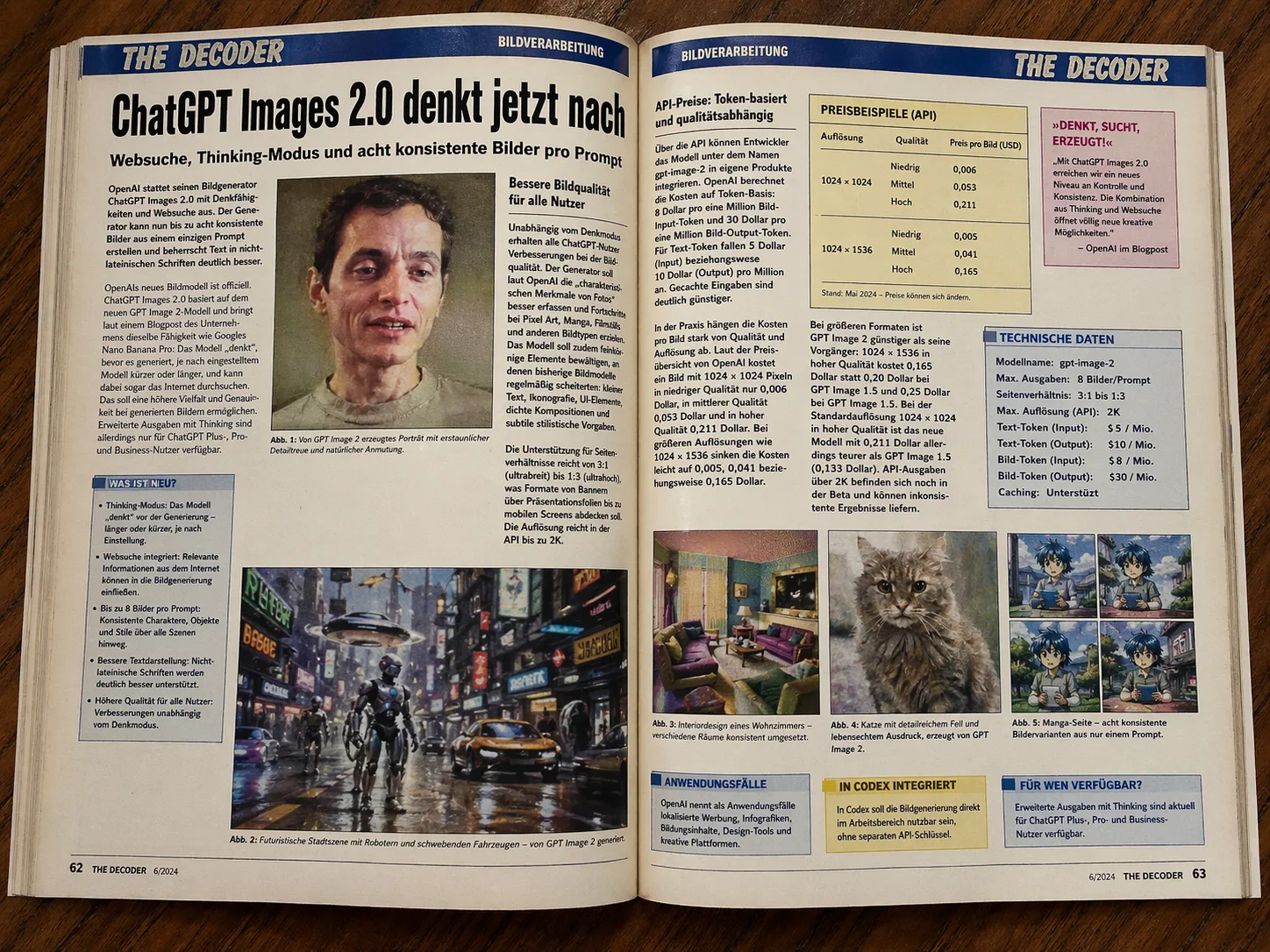 Bonus prompt: Turn this article into a magazine excerpt. Create an image of a two-page spread from an 80s-style BYTE-like magazine lying on a table. This is the text in the magazine. Add fitting images in between that supposedly show GPT Image 2-generated pictures with impressive detail and realism, but which in reality look the way people in the 1980s would have imagined something astonishing for a neural network — really awful quality, more like GANs or at best DALL·E 1. The magazine is called “THE DECODER.”