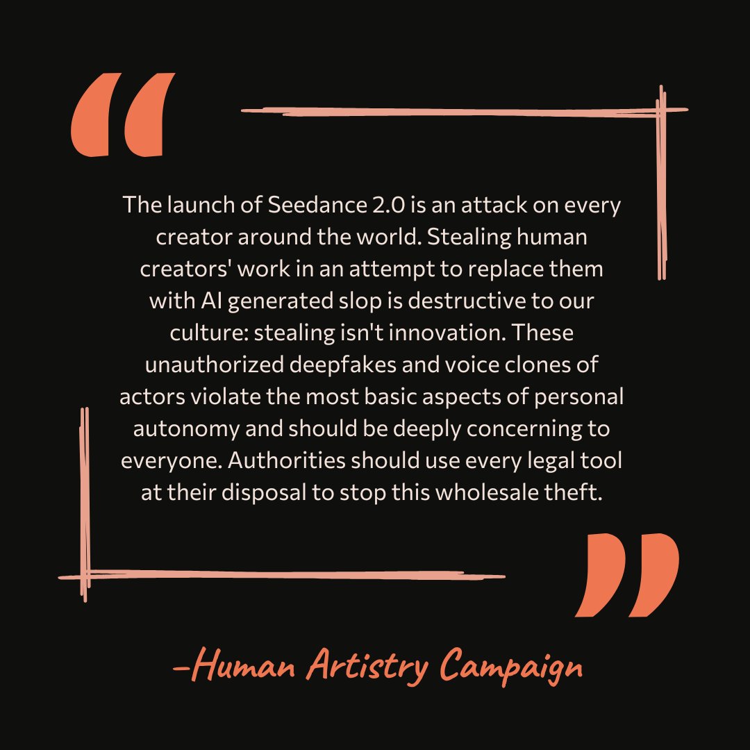 Declaración de la Human Artistry Campaign sobre el generador de video con IA Seedance 2.0