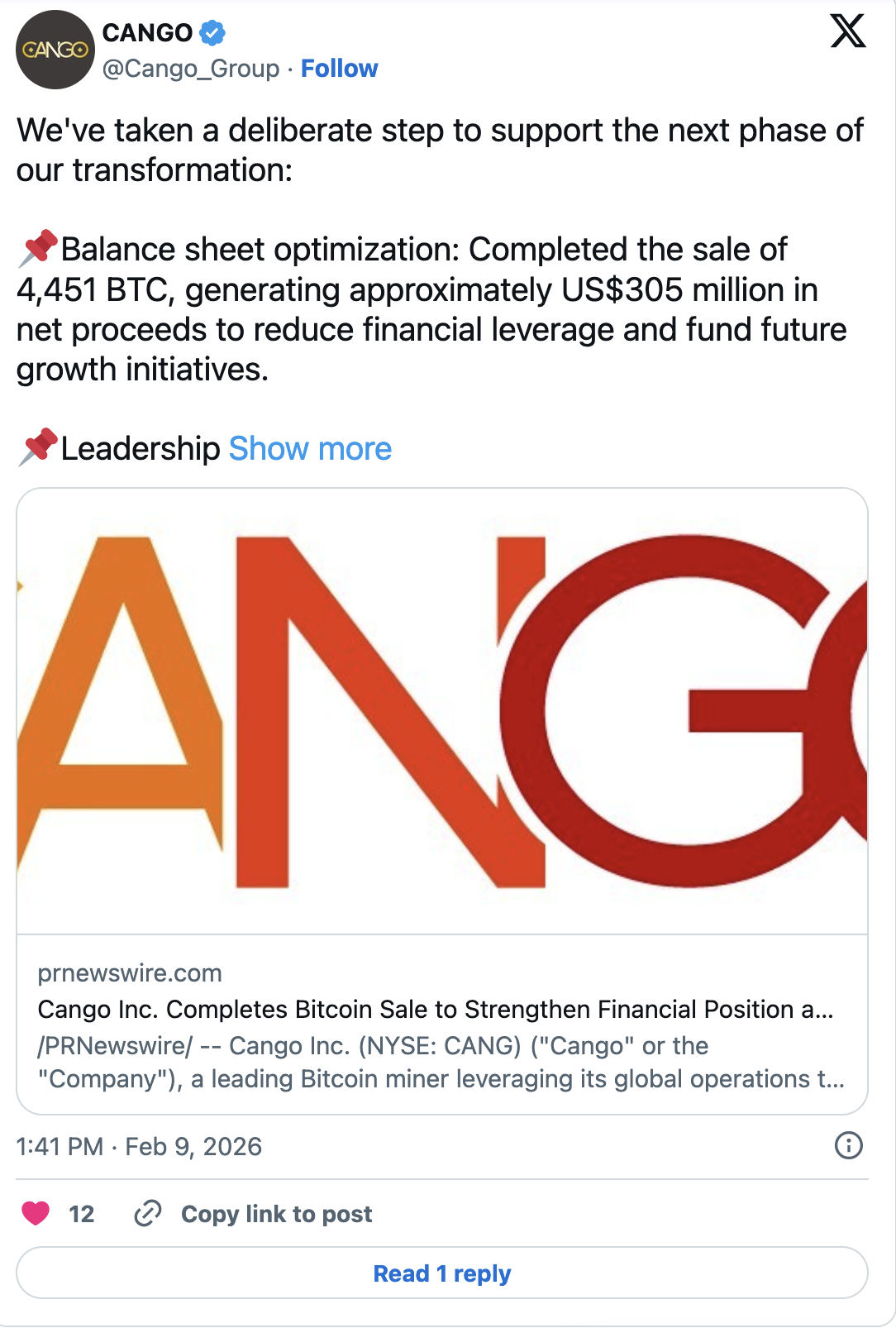 Cango Sells 4,451 BTC to Cut Debt