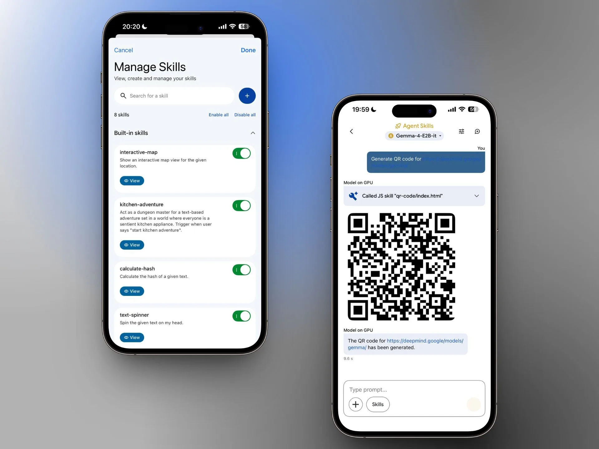 The Agent Skills can be activated and managed individually. On the right, Gemma 4 generates a QR code directly on the device via a JavaScript skill.