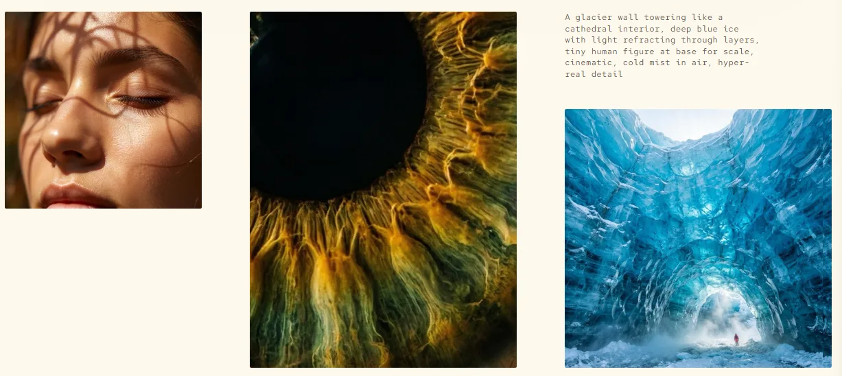 MAI-Image-2 genera imágenes fotorrealistas con luz natural y gran nivel de detalle, incluyendo un retrato, una macro de un ojo y una cueva glaciar. | Fuente: Microsoft
