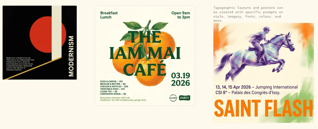 MAI-Image-2 también puede representar texto en imágenes de forma fiable, incluyendo pósters y diseños tipográficos. | Fuente: Microsoft