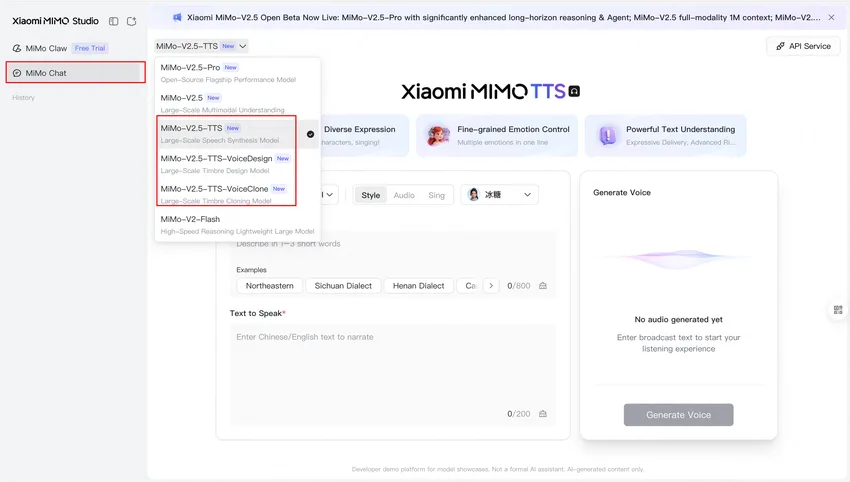 The three TTS variants run exclusively via the API and Xiaomi's own MiMo Studio, currently free of charge. Open weights are not available. | Image: Xiaomi
