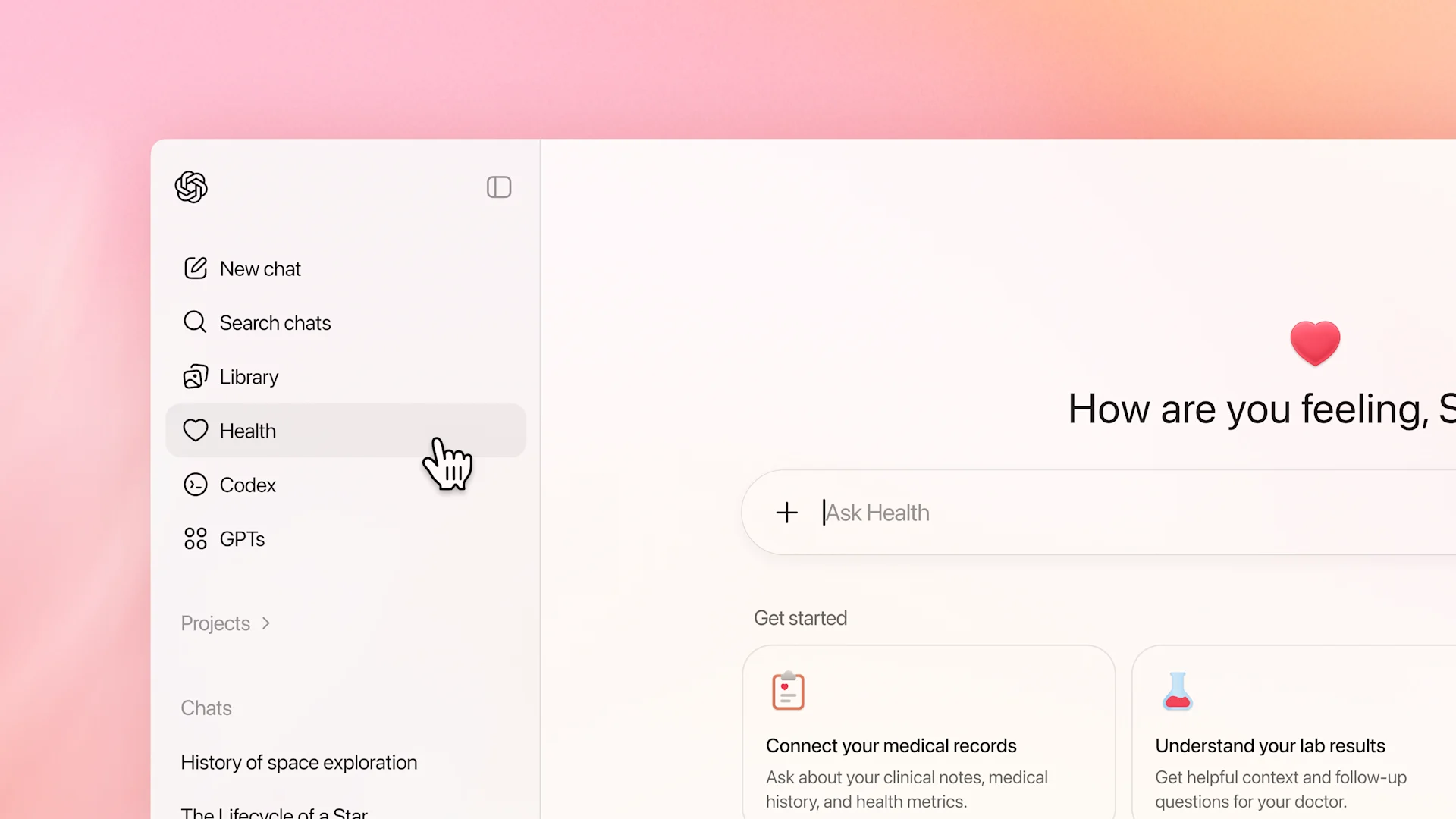 The ChatGPT interface with the new Health section.