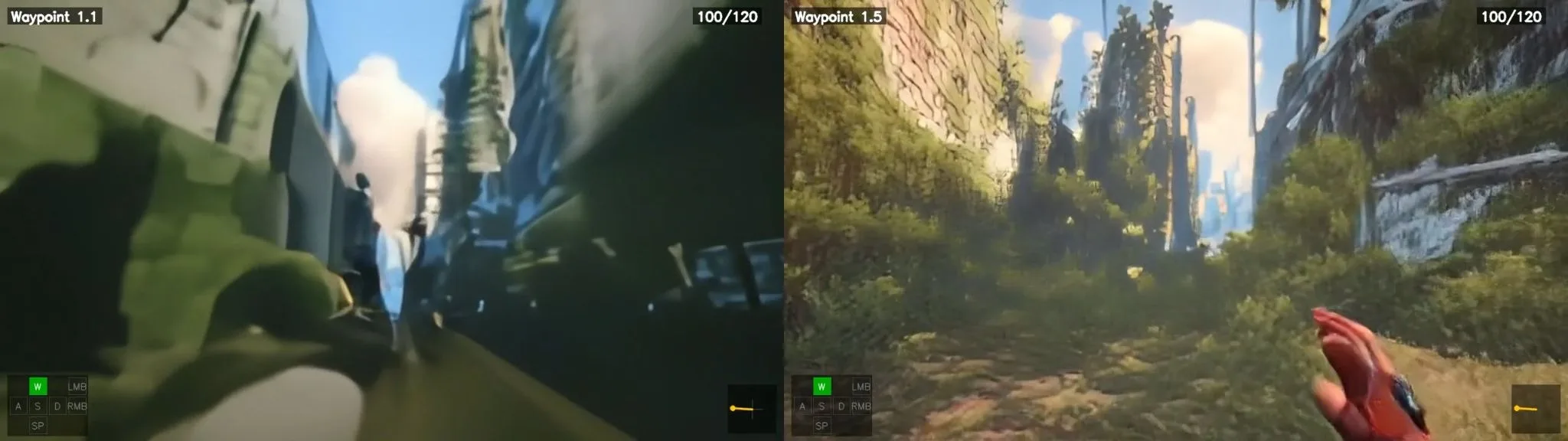 The company also highlights a side-by-side comparison between Waypoint 1.1 and 1.5, showing a clear increase in visual fidelity alongside better efficiency.